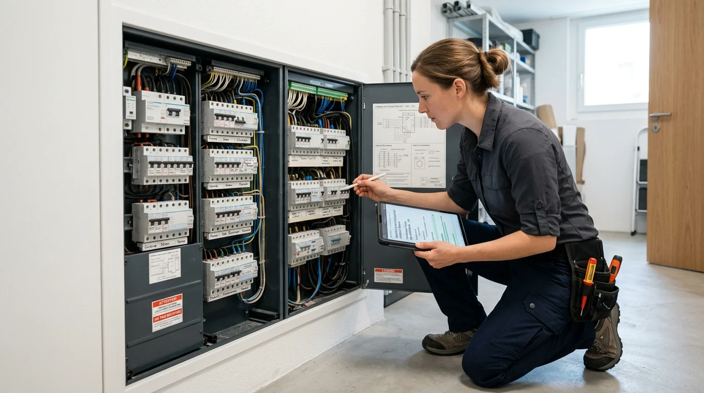 Diagnostiqueur certifié contrôlant une installation électrique lors d'un diagnostic immobilier