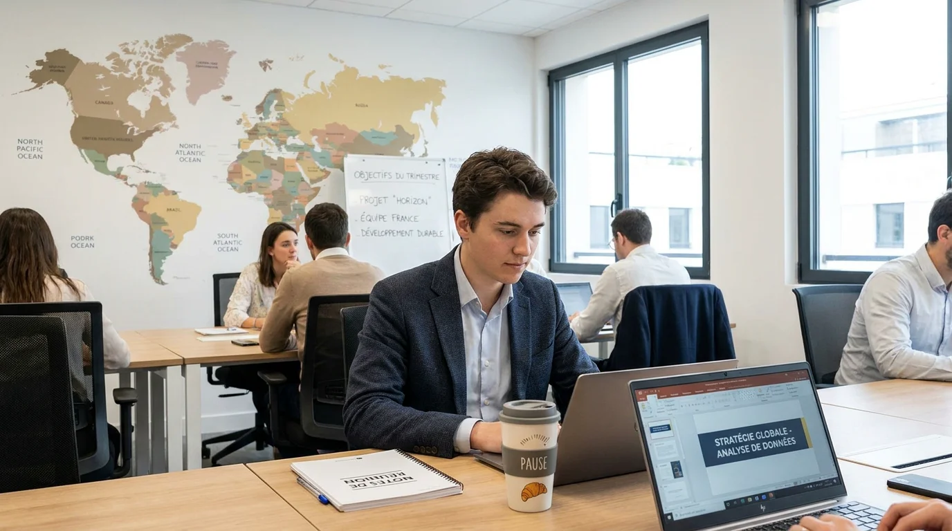 Étudiant en alternance commerce international travaillant dans un bureau moderne