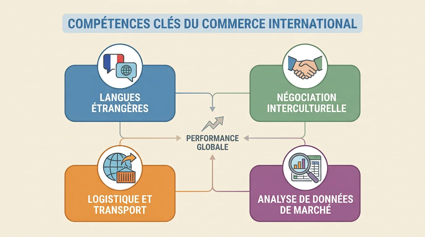 Schéma des compétences clés recherchées en alternance commerce international