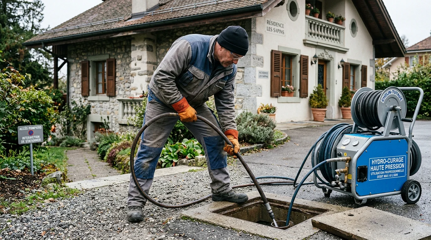 Plombier réalisant un hydrocurage haute pression sur une canalisation