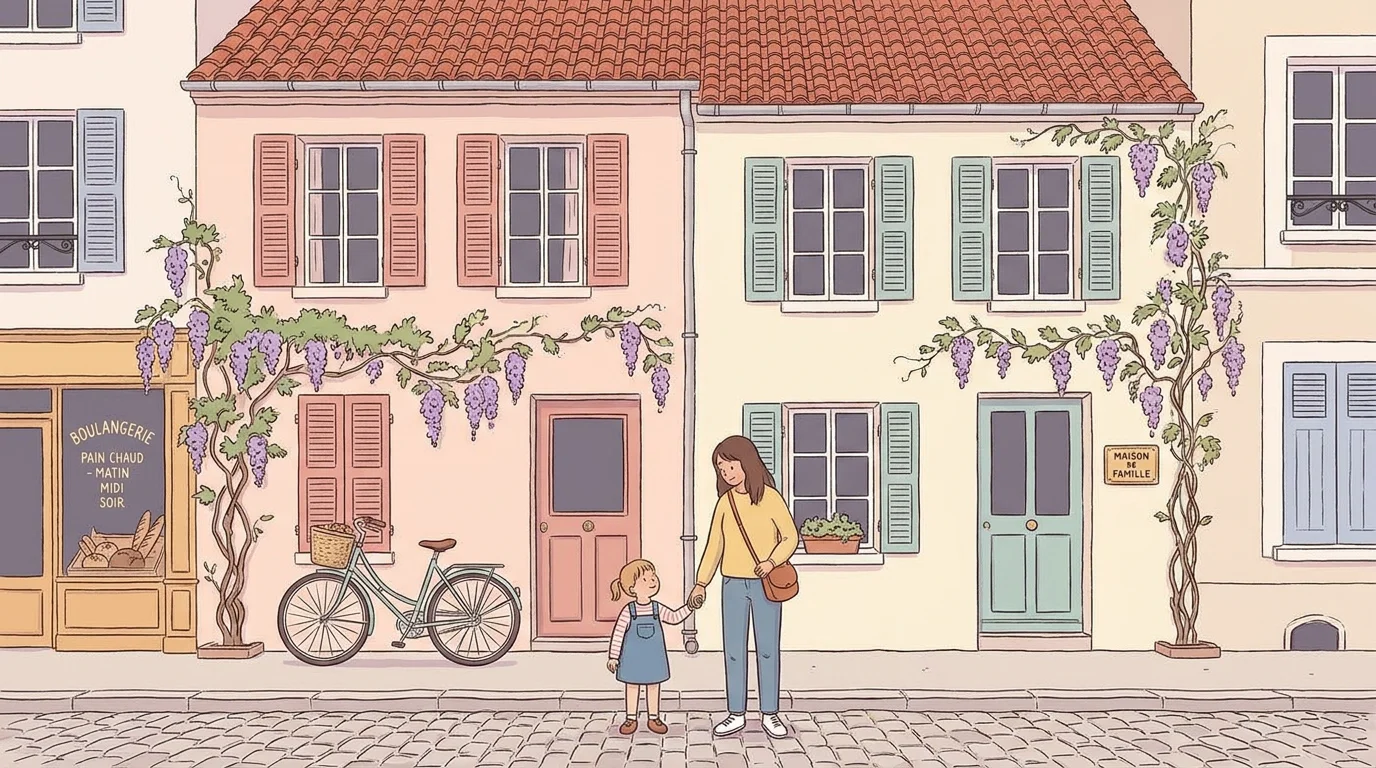 Enfant accompagné d'un parent devant deux domiciles symbolisant la garde partagée en France