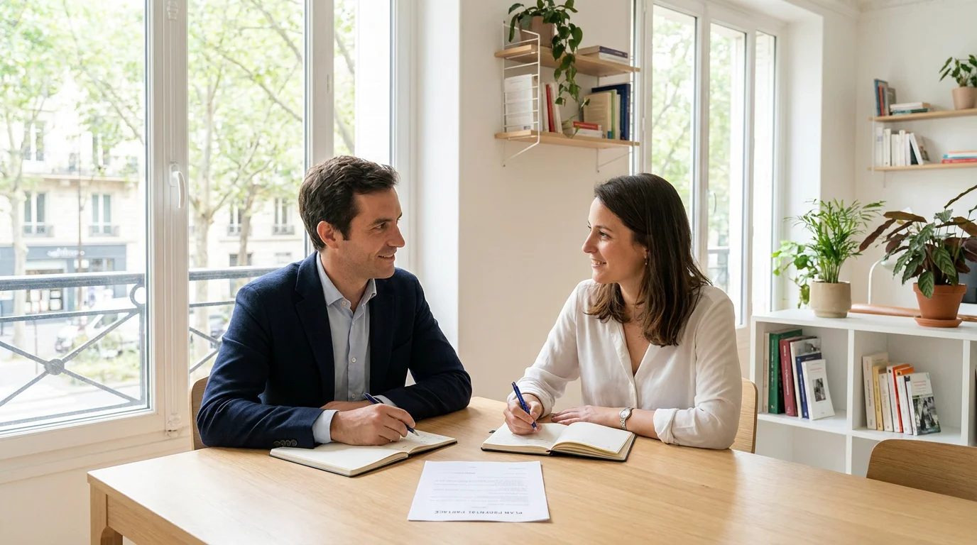 Deux parents discutant calmement de l'organisation de la garde partagée