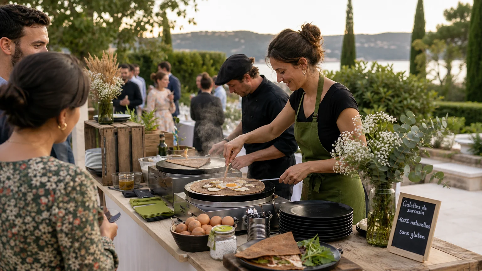Service de galettes et de crêpes devant les invités lors d’un événement près de Toulon