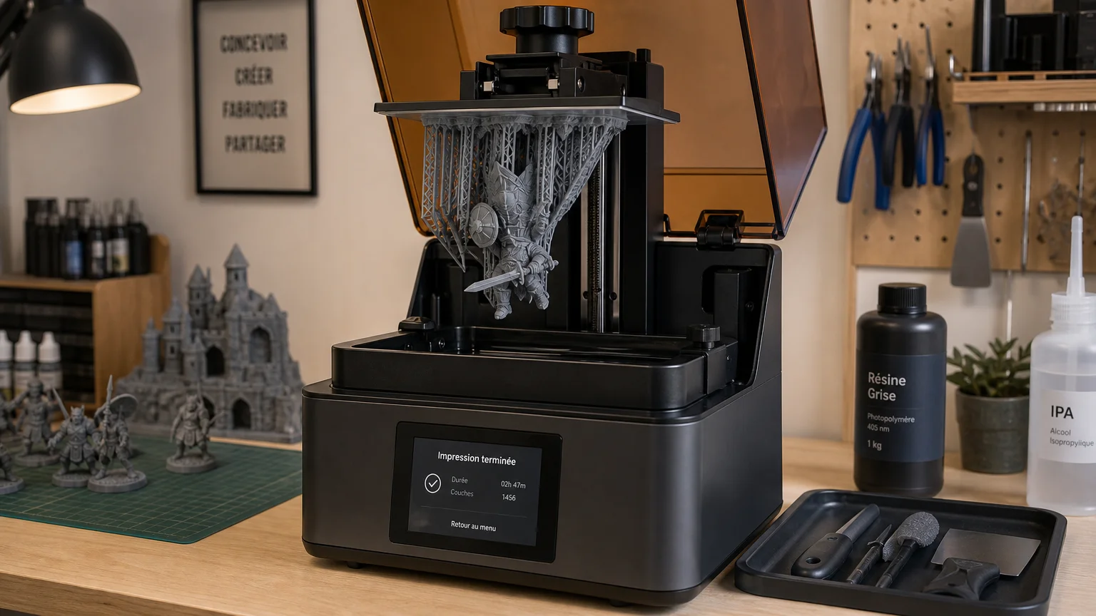 Imprimante 3D résine ouverte avec une figurine de wargame en cours d'impression