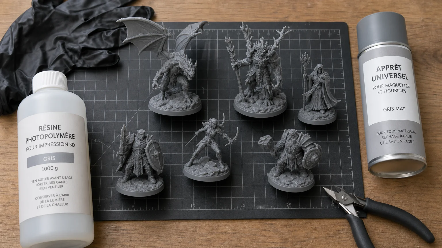 Figurines de wargame en résine grise entourées d'accessoires d'impression 3D