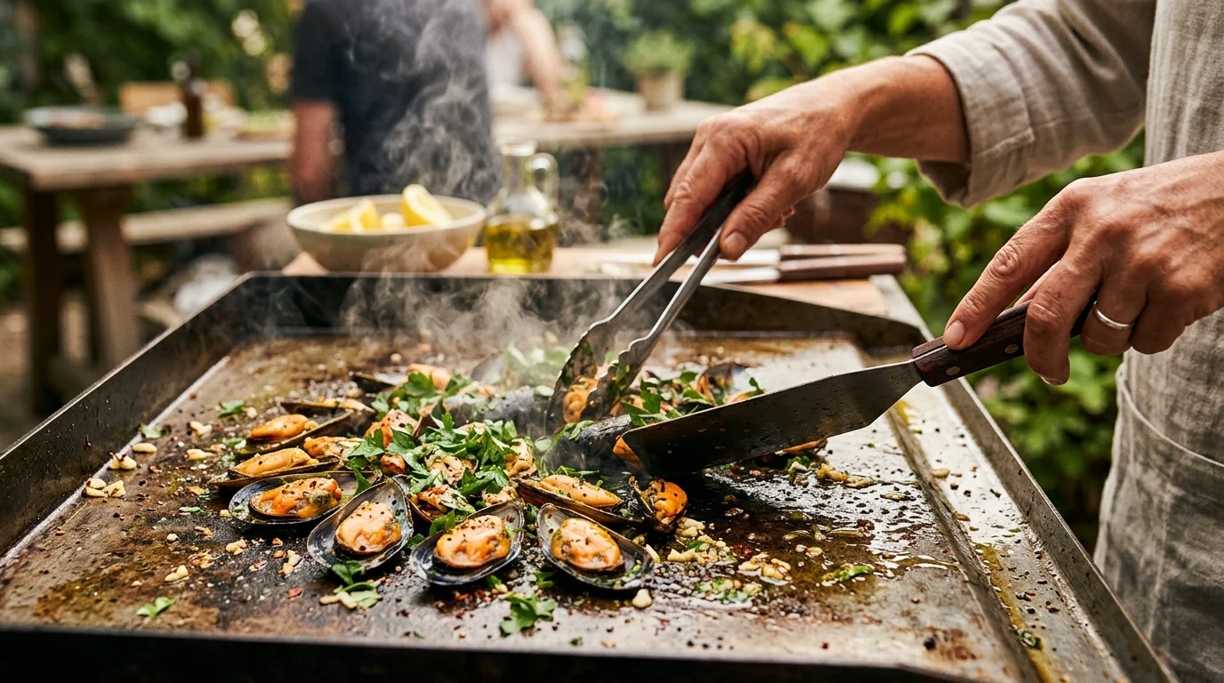 Moules fraîches saisies sur une plancha chaude avec ail et persil