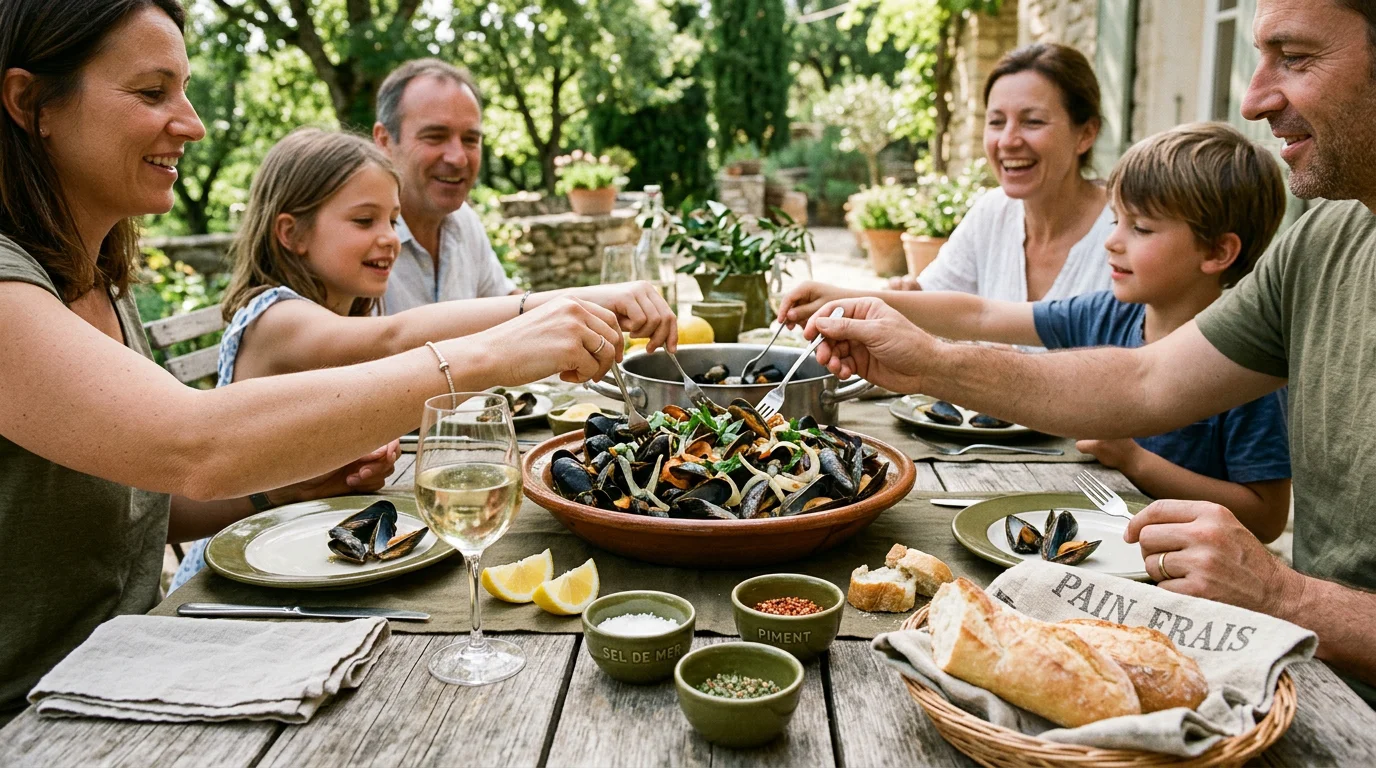 Assiette de moules à la plancha servie sur une table conviviale en extérieur