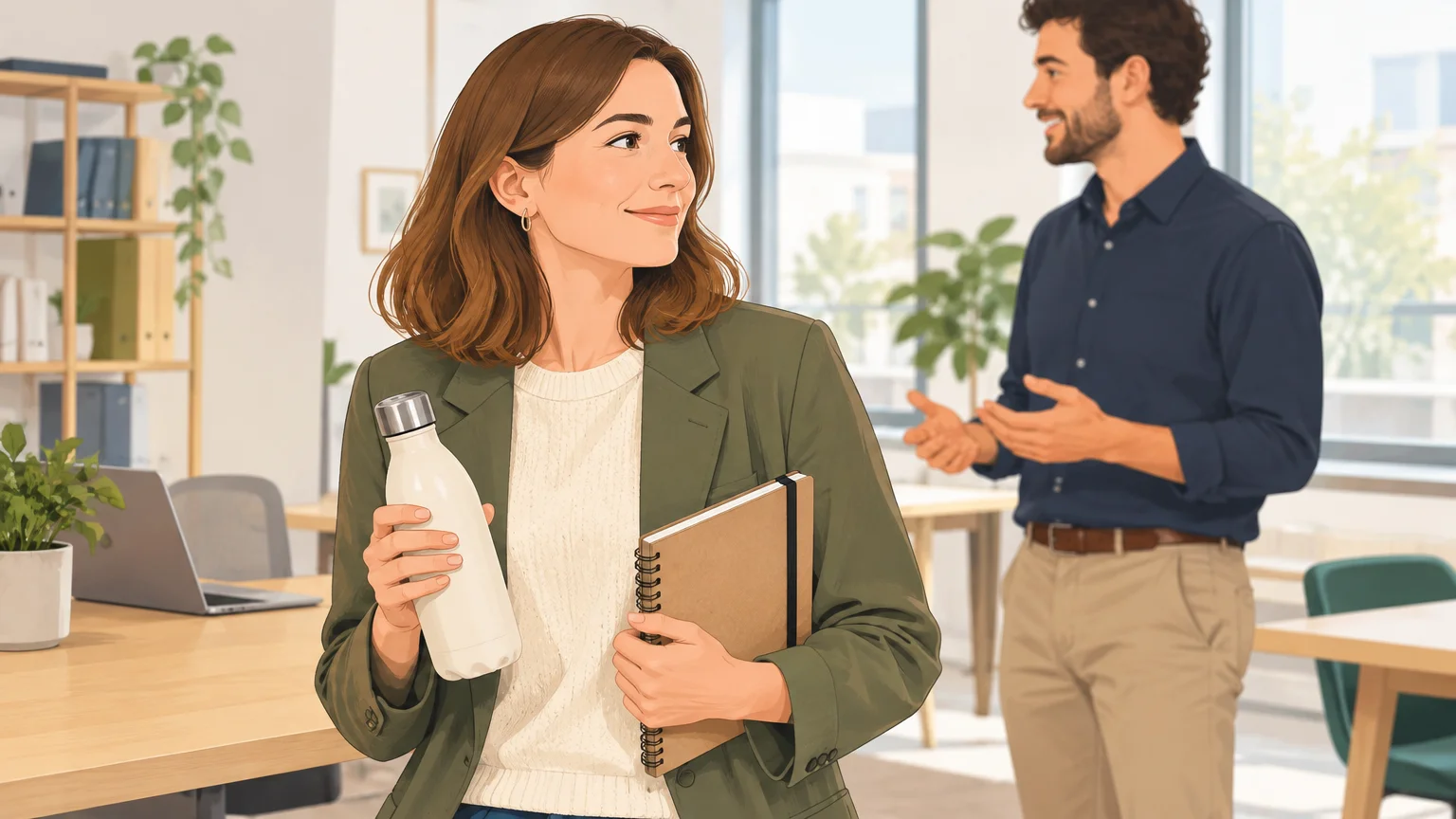 Une collaboratrice utilise un cadeau professionnel dans un espace de travail