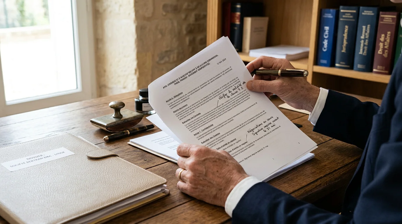 Mains examinant un document juridique sur un bureau d'avocat