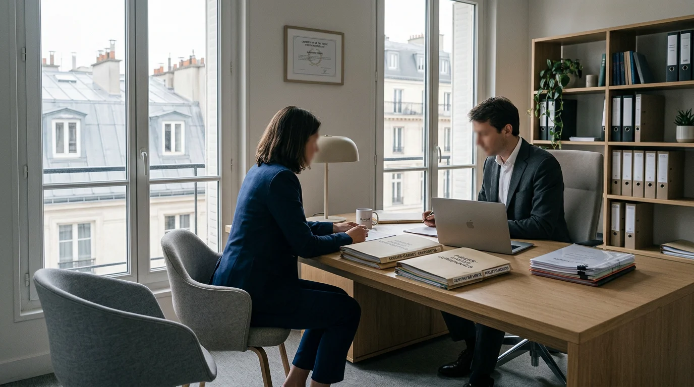 Discussion entre un avocat et un client dans un bureau juridique à Paris
