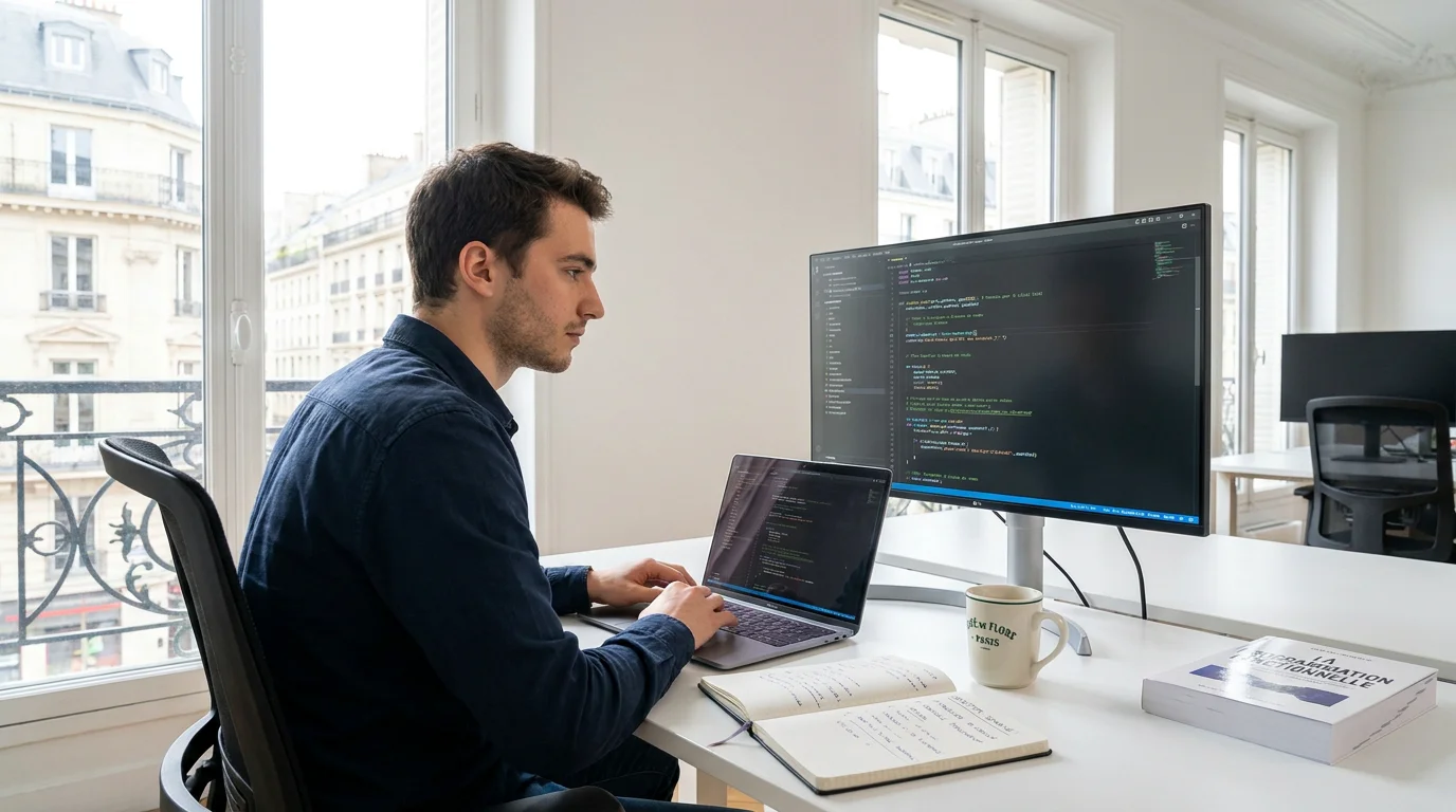 Alternant en informatique travaillant sur du code dans un bureau moderne en France