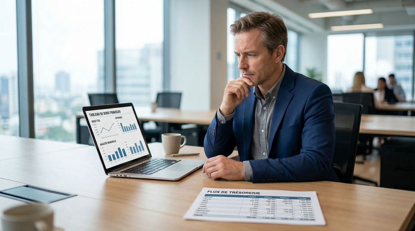 Dirigeant analysant une prévision de trésorerie sur son ordinateur