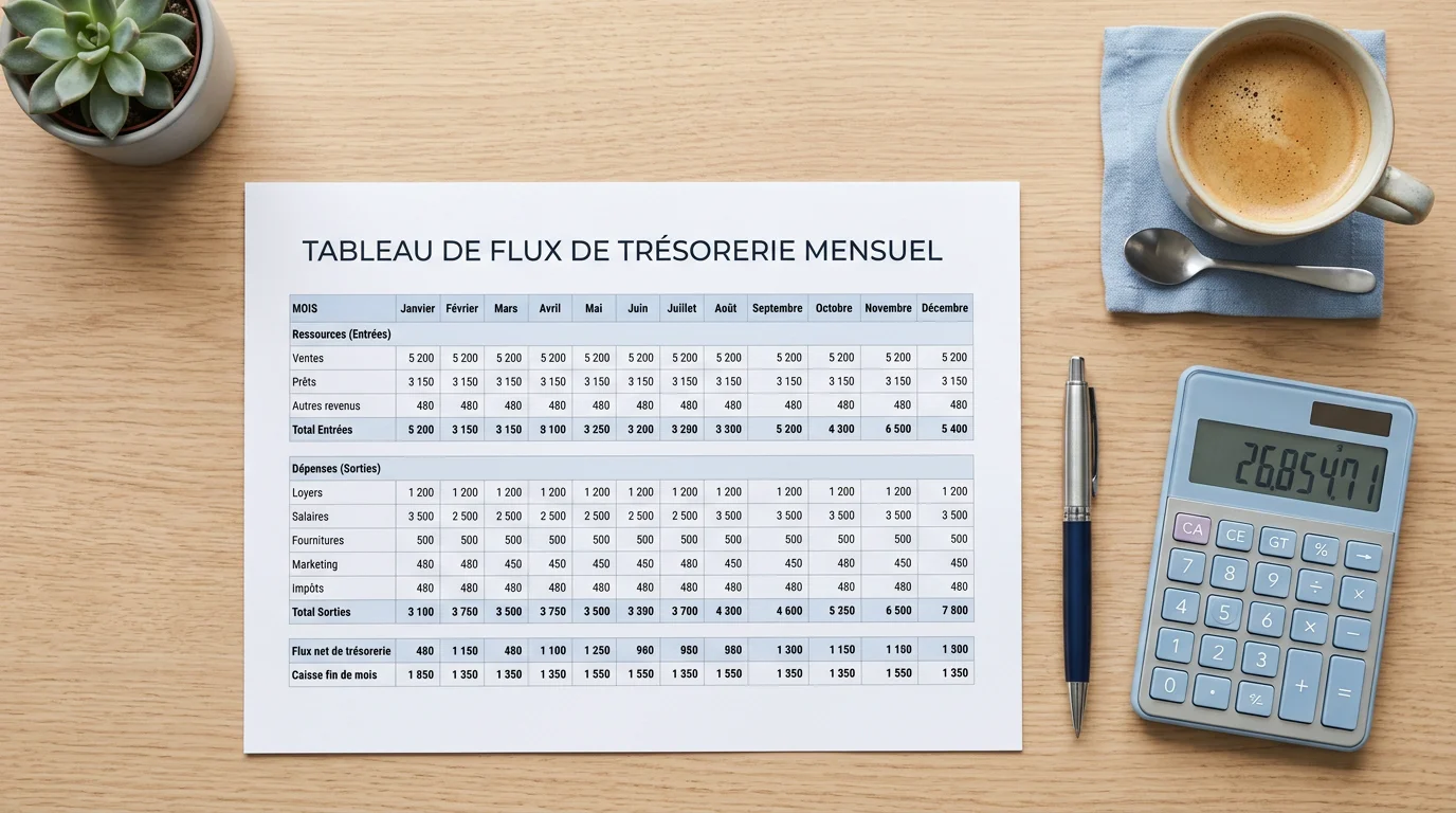 Tableau mensuel de budget de trésorerie posé sur un bureau