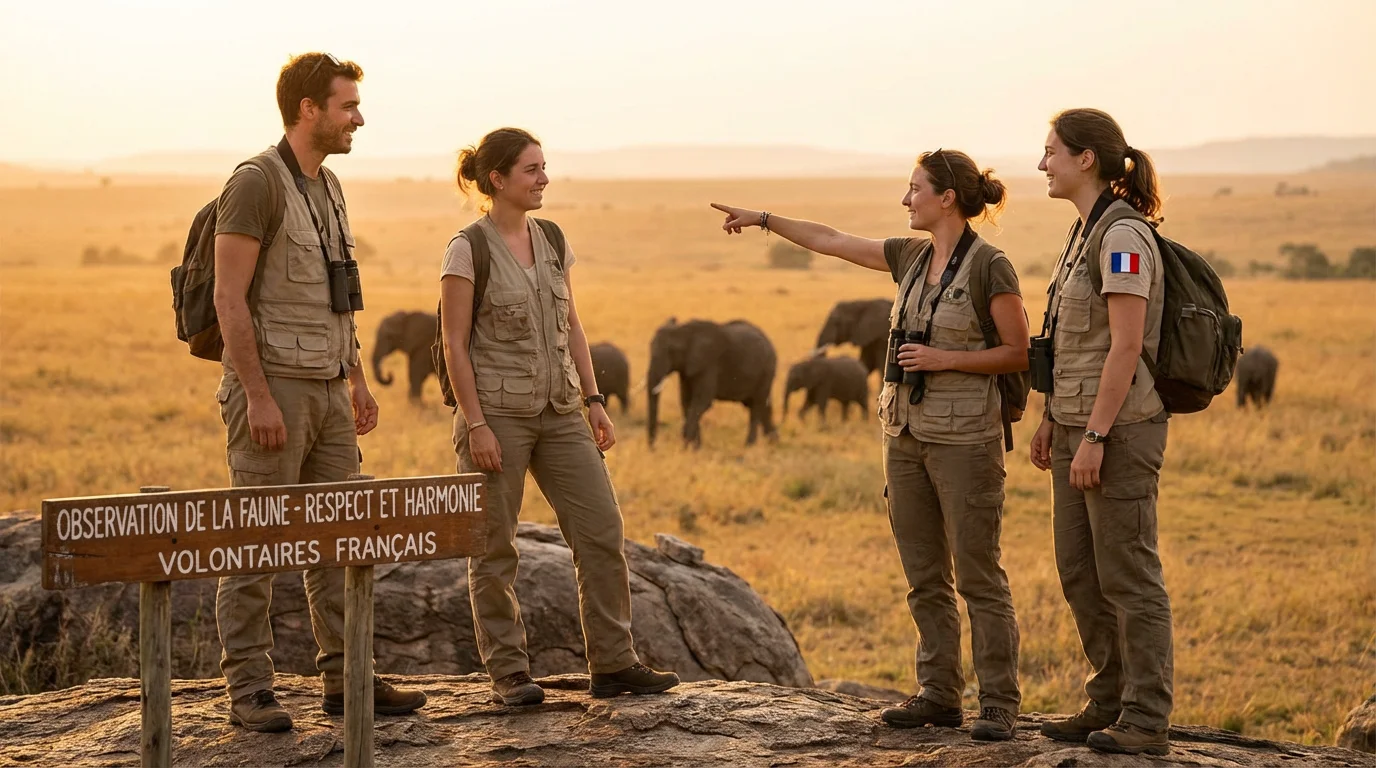 Volontaires européens observant des éléphants dans une réserve africaine au coucher du soleil