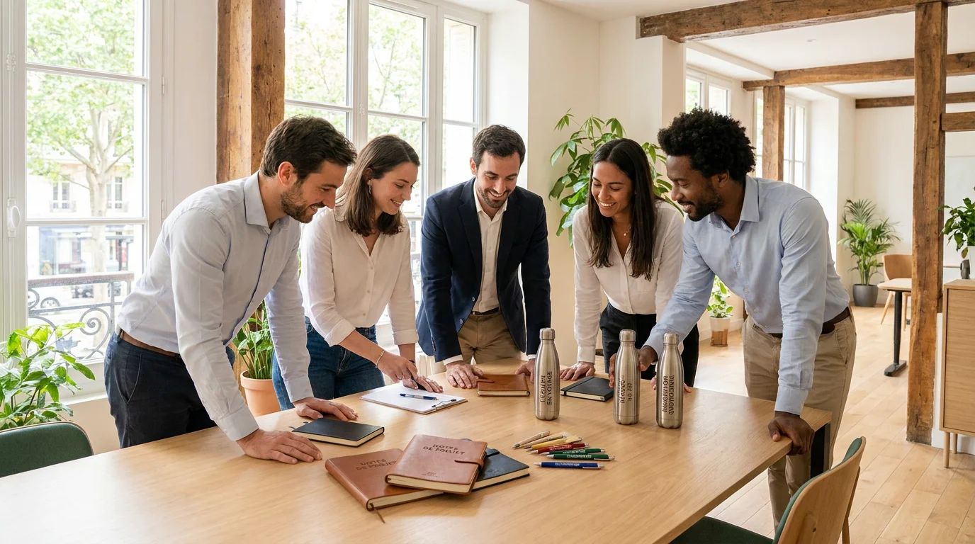 Équipe professionnelle examinant des objets publicitaires personnalisables lors d'une réunion