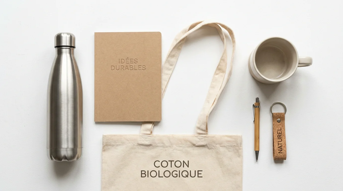 Sélection d'objets publicitaires écoresponsables personnalisables disposés en flat lay
