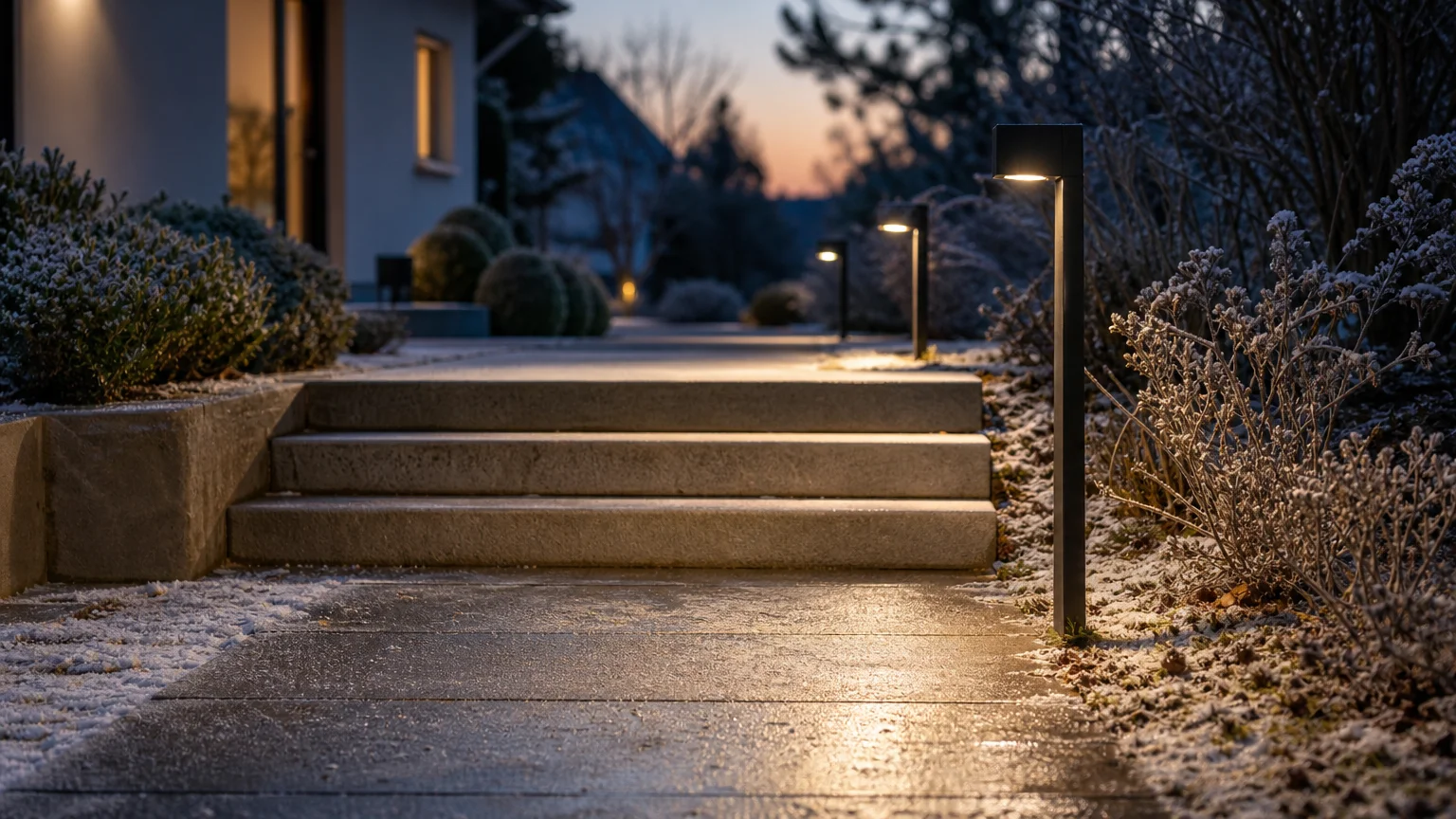 Chemin et marches &eacute;clair&eacute;s r&eacute;guli&egrave;rement pendant une soir&eacute;e d&rsquo;hiver