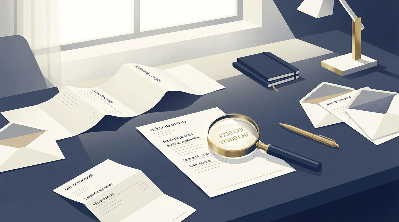 Documents de prévoyance LPP éparpillés sur un bureau illustrant la dispersion des avoirs de 2e pilier