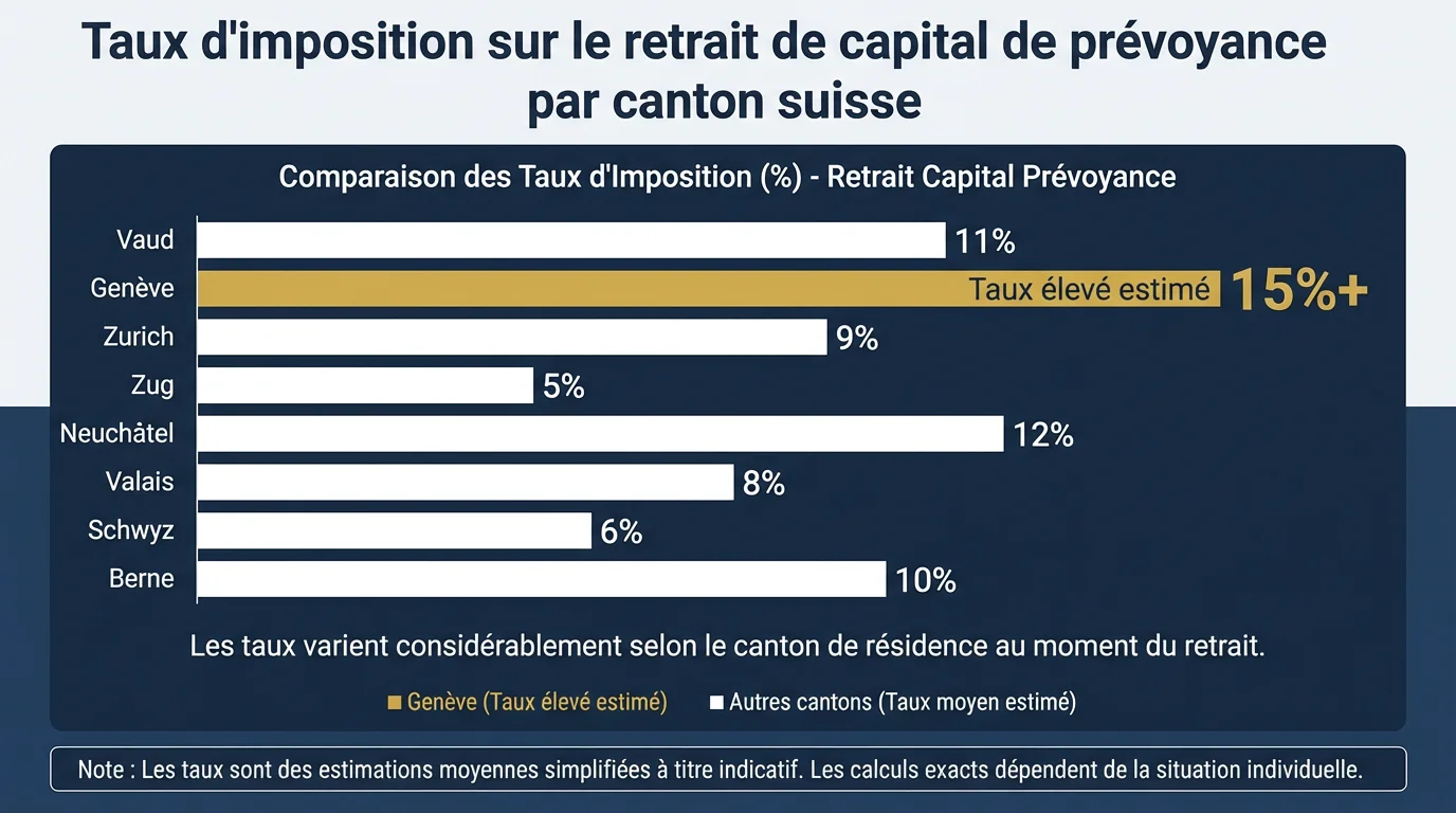 Infographie comparant les taux d'imposition du retrait du 2e pilier par canton suisse avec focus sur Genève