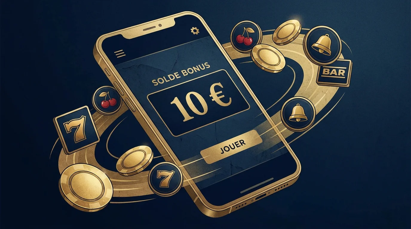 Interface mobile affichant un bonus de 10 euros sans dépôt sur un casino en ligne