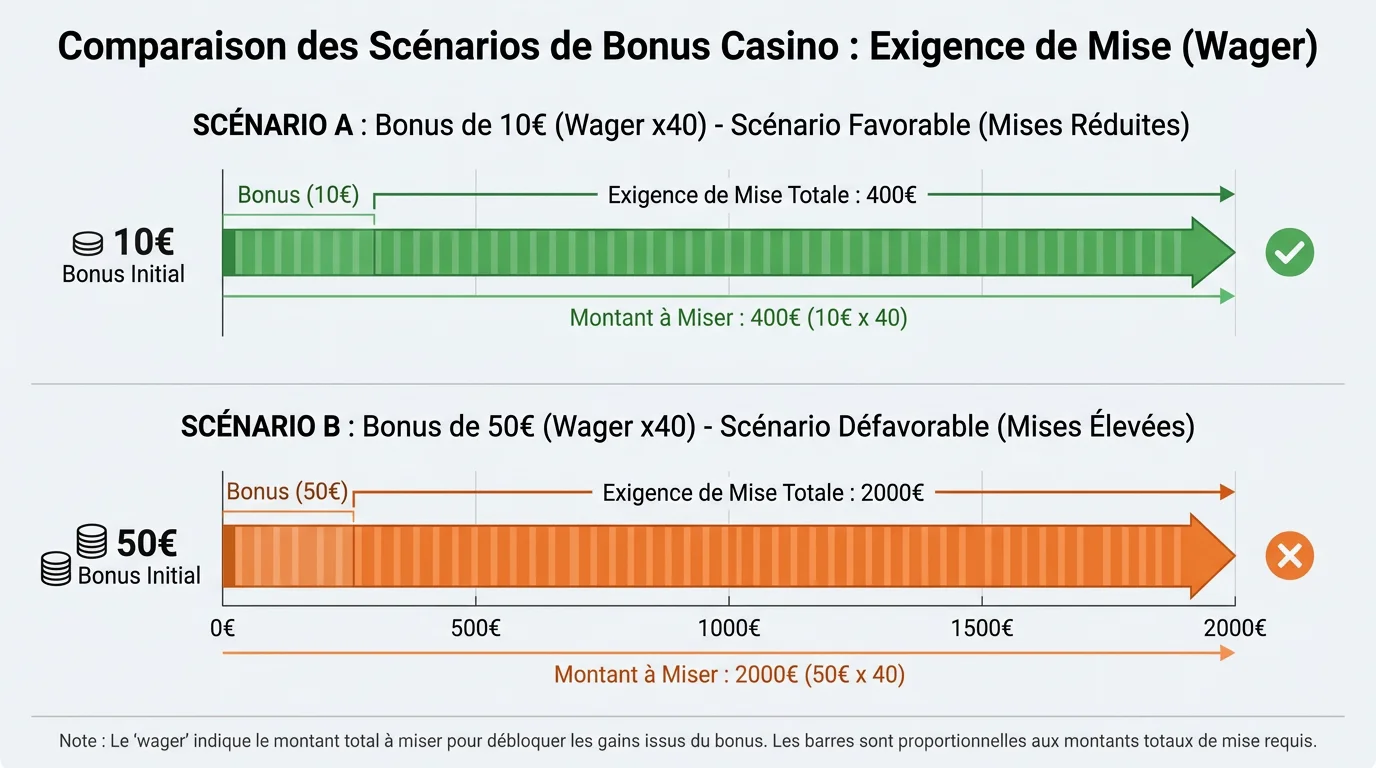Infographie comparant le volume de mises requis entre un bonus de 10 euros et un bonus de 50 euros