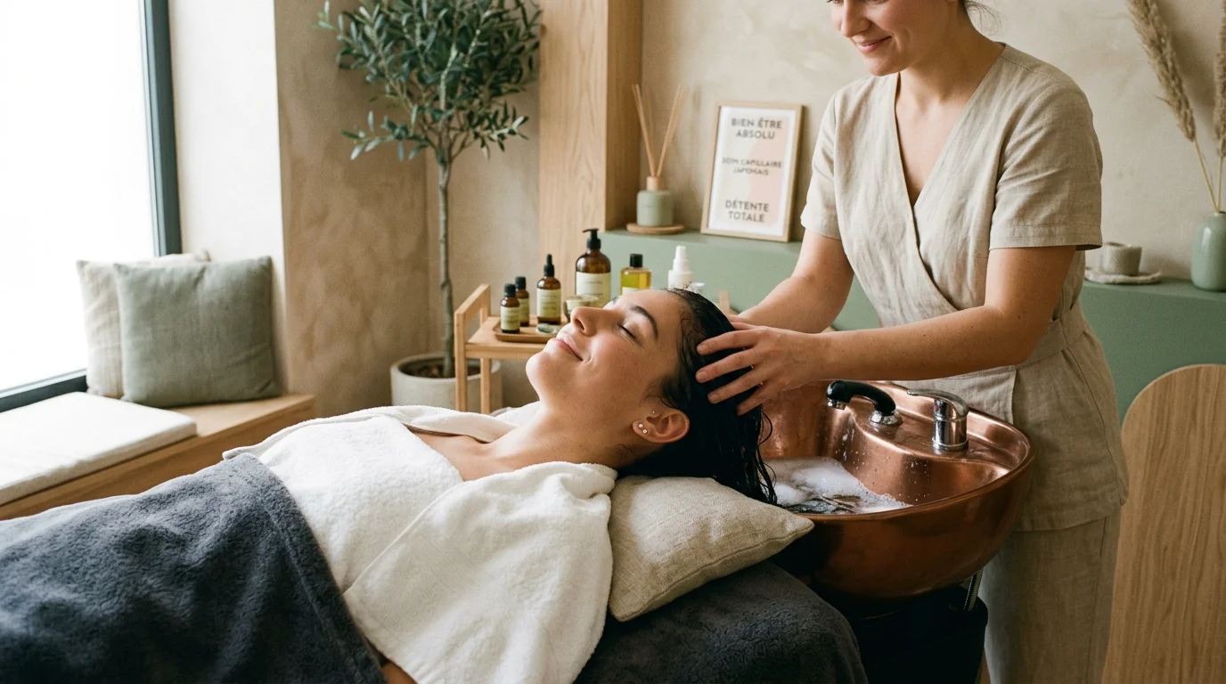 Femme détendue recevant un soin head spa japonais en institut