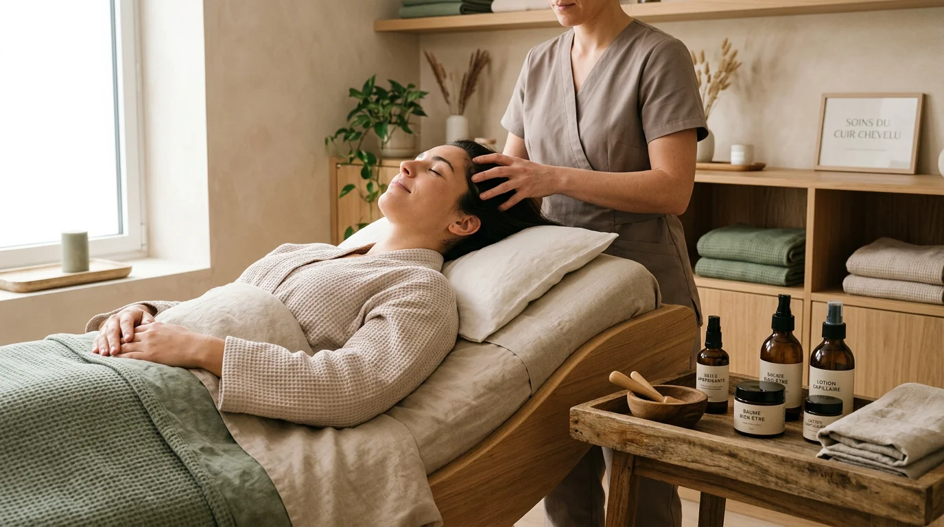 Cliente recevant un massage du cuir chevelu lors d'un soin head spa en institut
