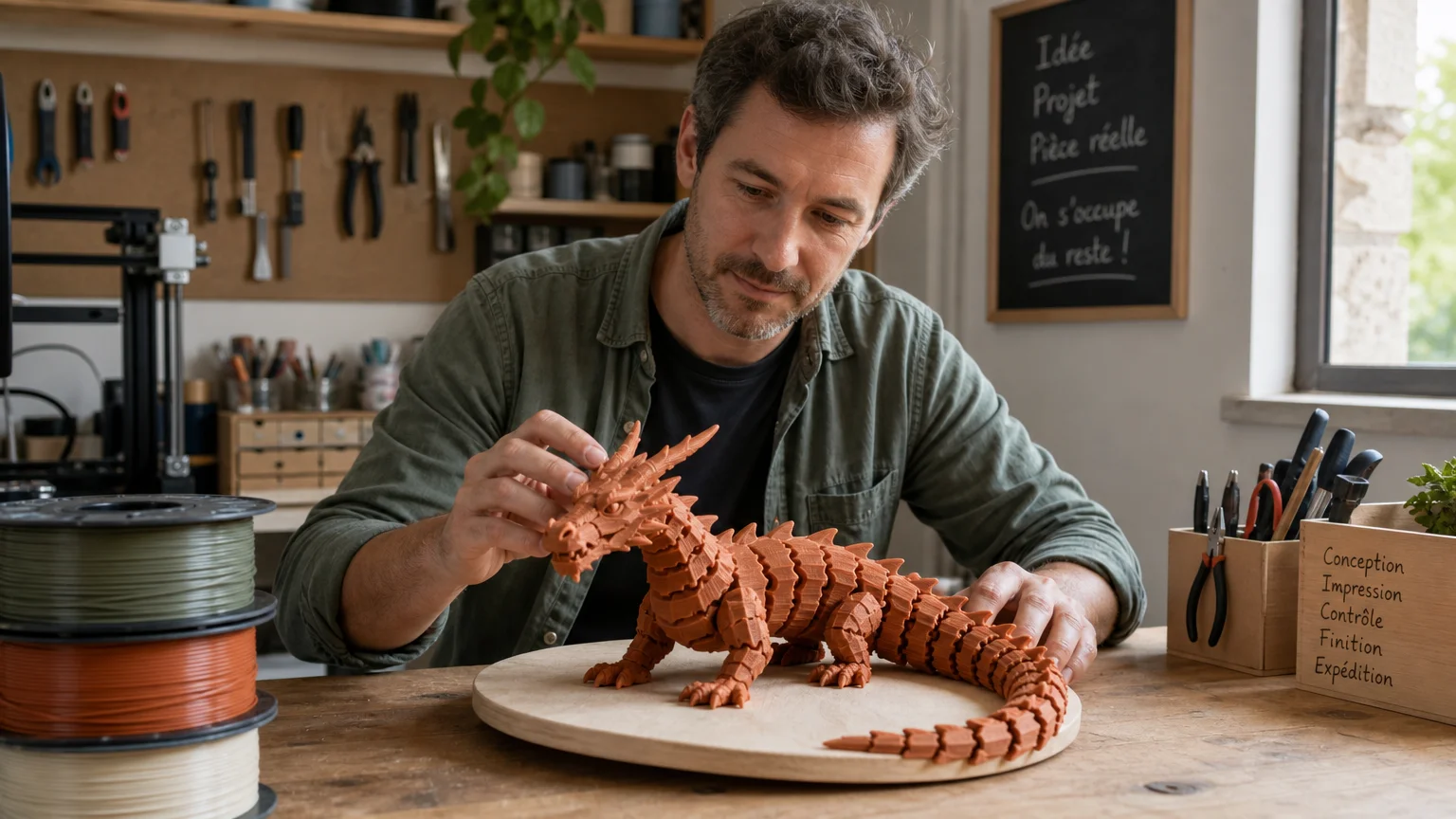 Personne examinant un dragon articulé imprimé en 3D dans un atelier