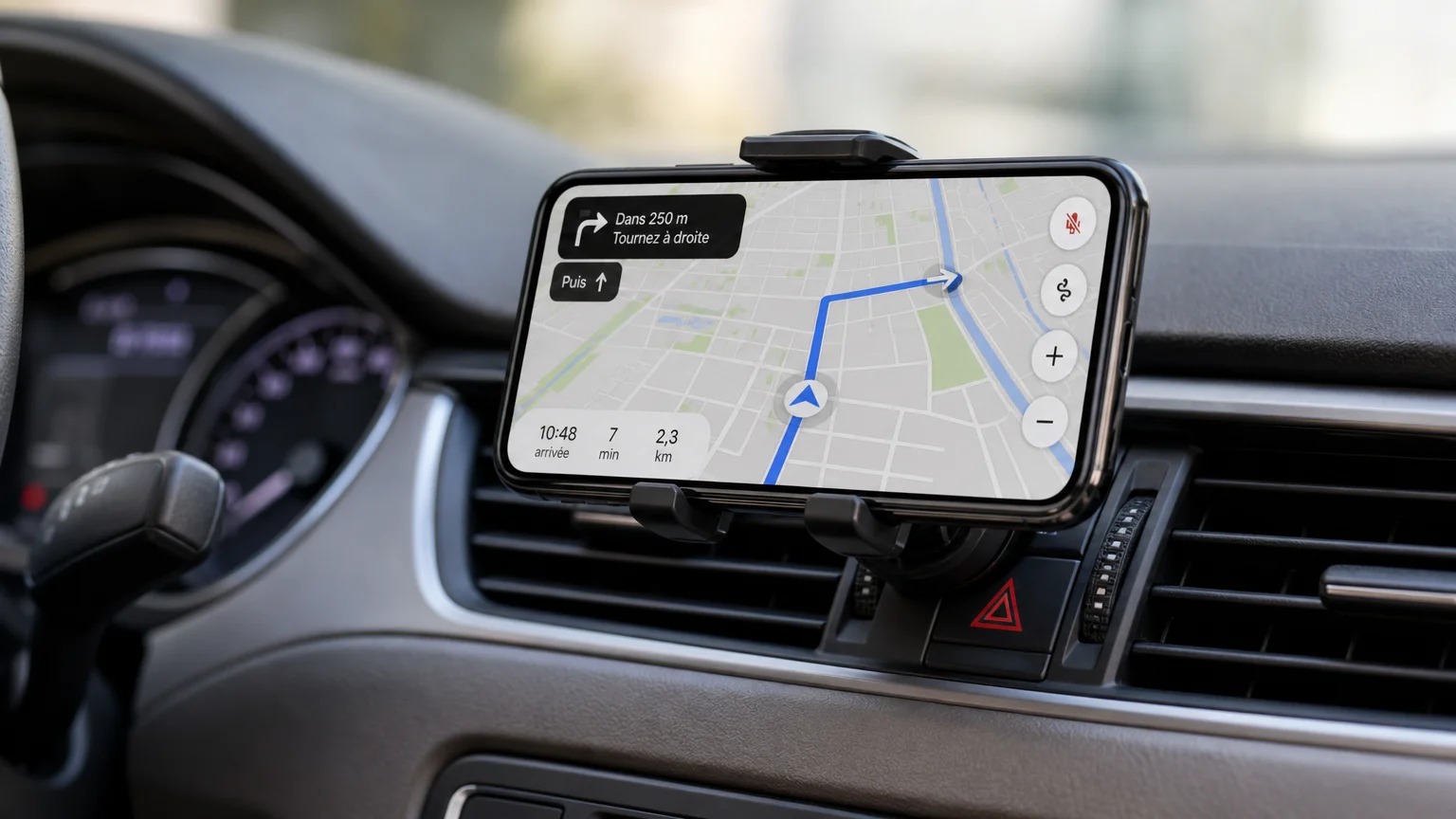 Support de téléphone pour voiture fixé sur une grille d'aération avec smartphone en navigation