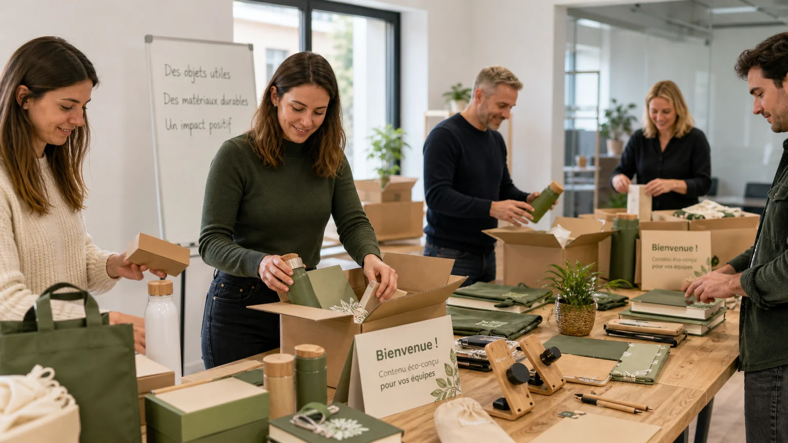 Équipe préparant des welcome packs avec des supports de téléphone éco-conçus