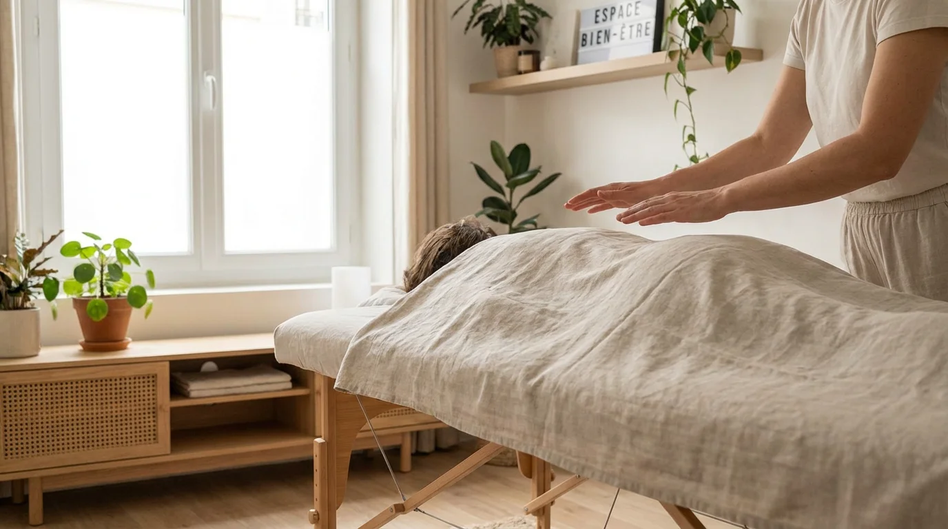 Praticien réalisant un soin Reiki par imposition des mains sur les chakras