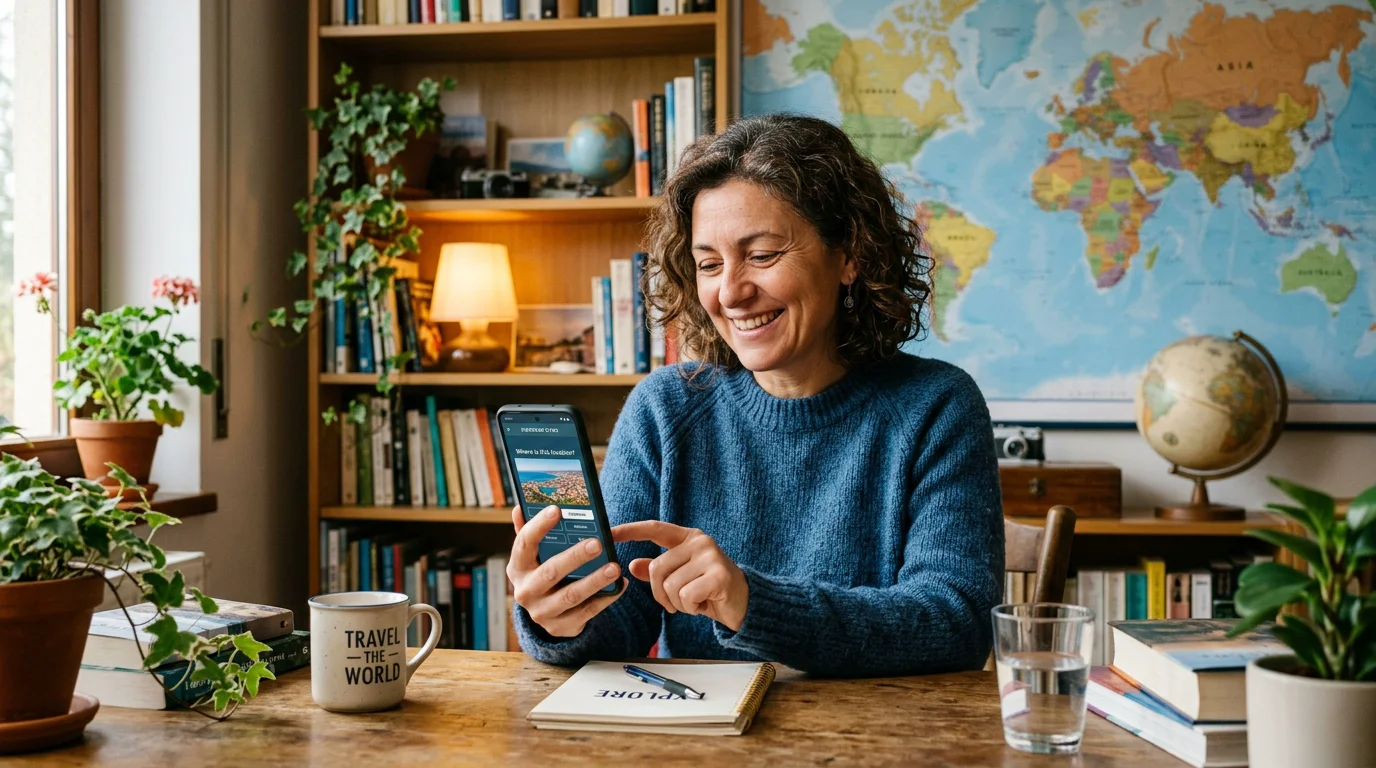 Person playing a geography guessing game on a phone with a world map behind them