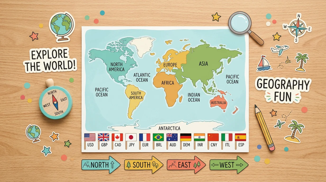 Flat lay of flags, a world map and compass arrows illustrating geography guessing clues