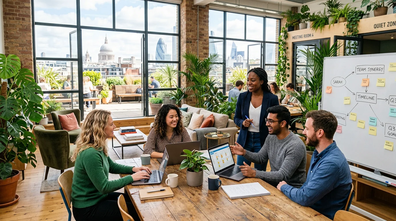 A team collaborating in a bright flexible workspace with breakout areas