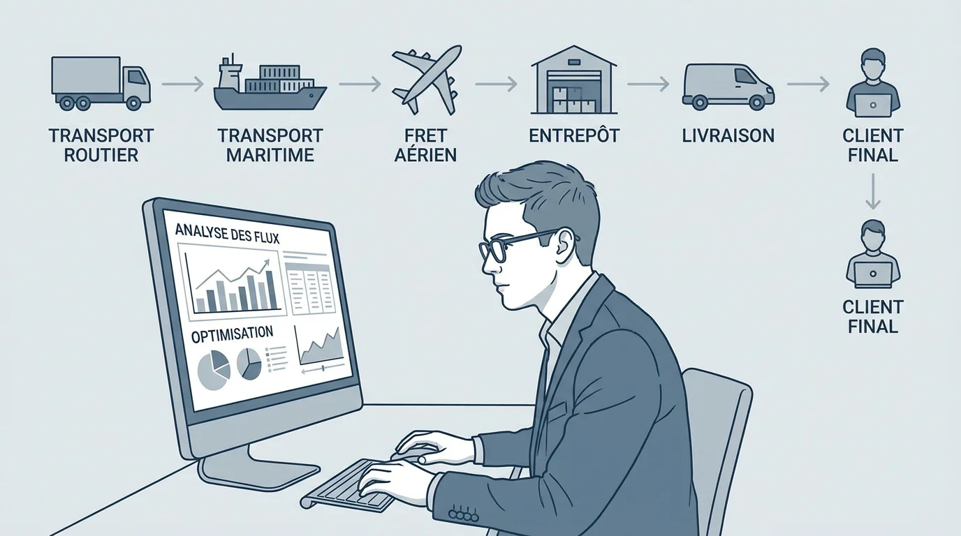 Professionnel analysant des données de supply chain sur un écran avec schéma logistique