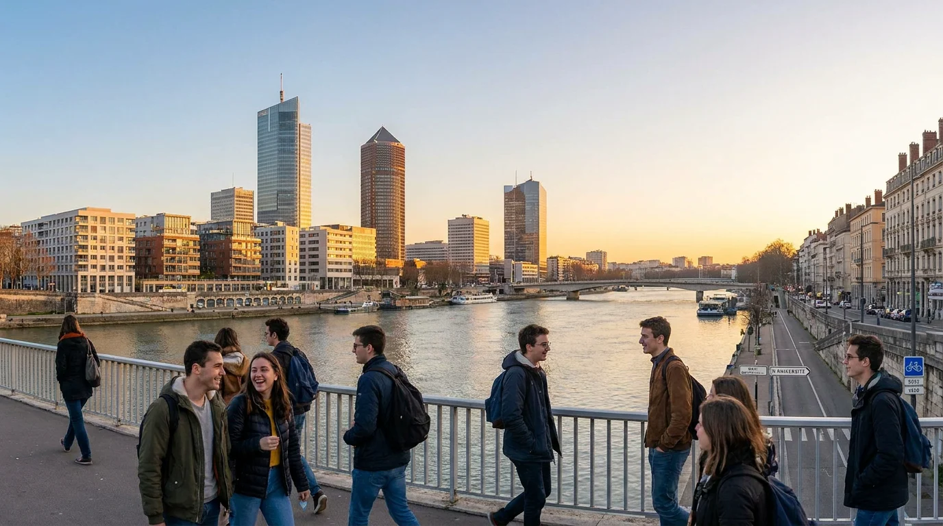 Vue de Lyon avec ses quartiers d'affaires et le Rhône, symbolisant le dynamisme de la métropole pour l'alternance en communication