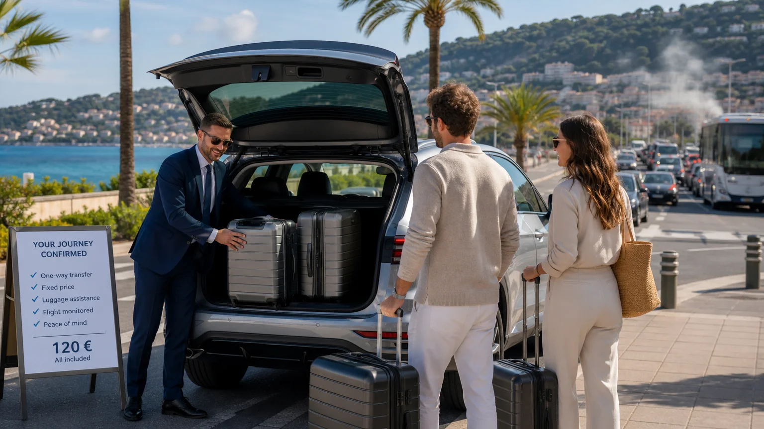 Chauffeur greeting passengers beside an electric vehicle for a flat fare airport transfer