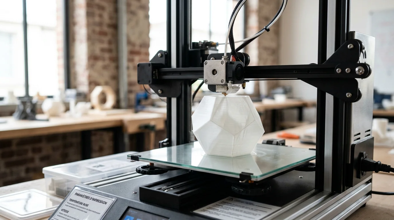 Imprimante 3D FDM de bureau en cours d'impression dans un atelier