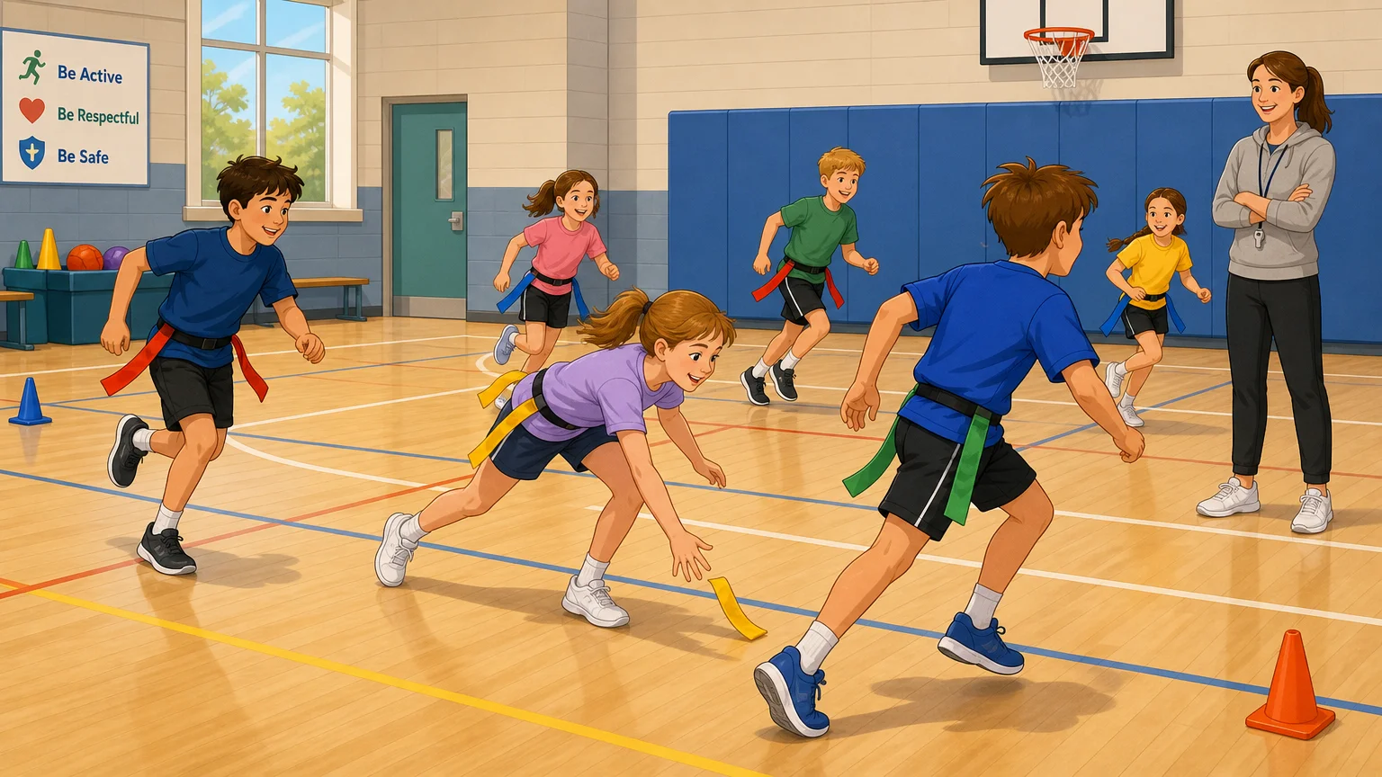 Students play a safe flag tag game in a school gym