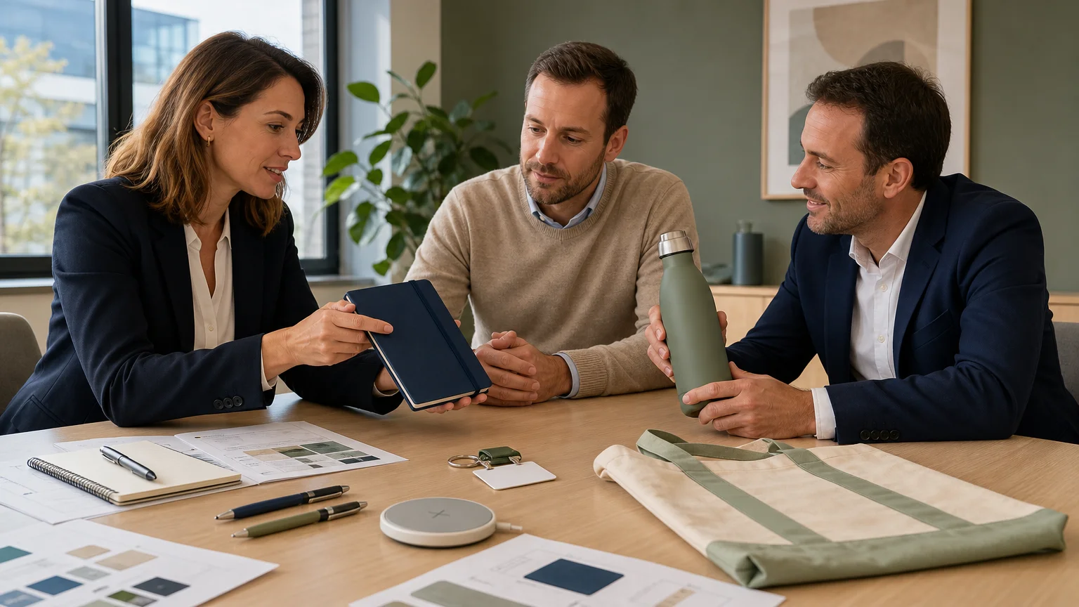 Professionnels comparant des objets publicitaires selon leur usage et leur personnalisation