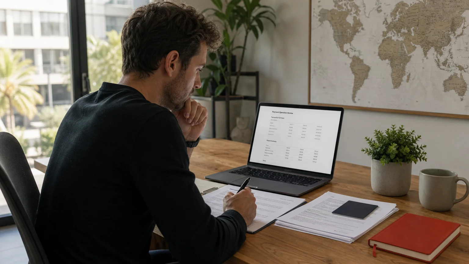 Digital entrepreneur reviewing international mastermind payment requirements