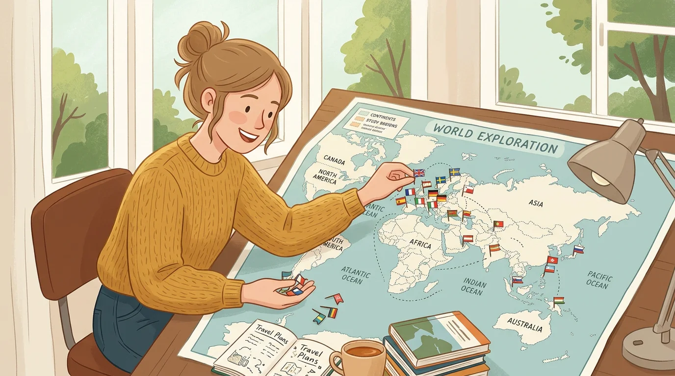 A European learner matching flags and country shapes on a world map