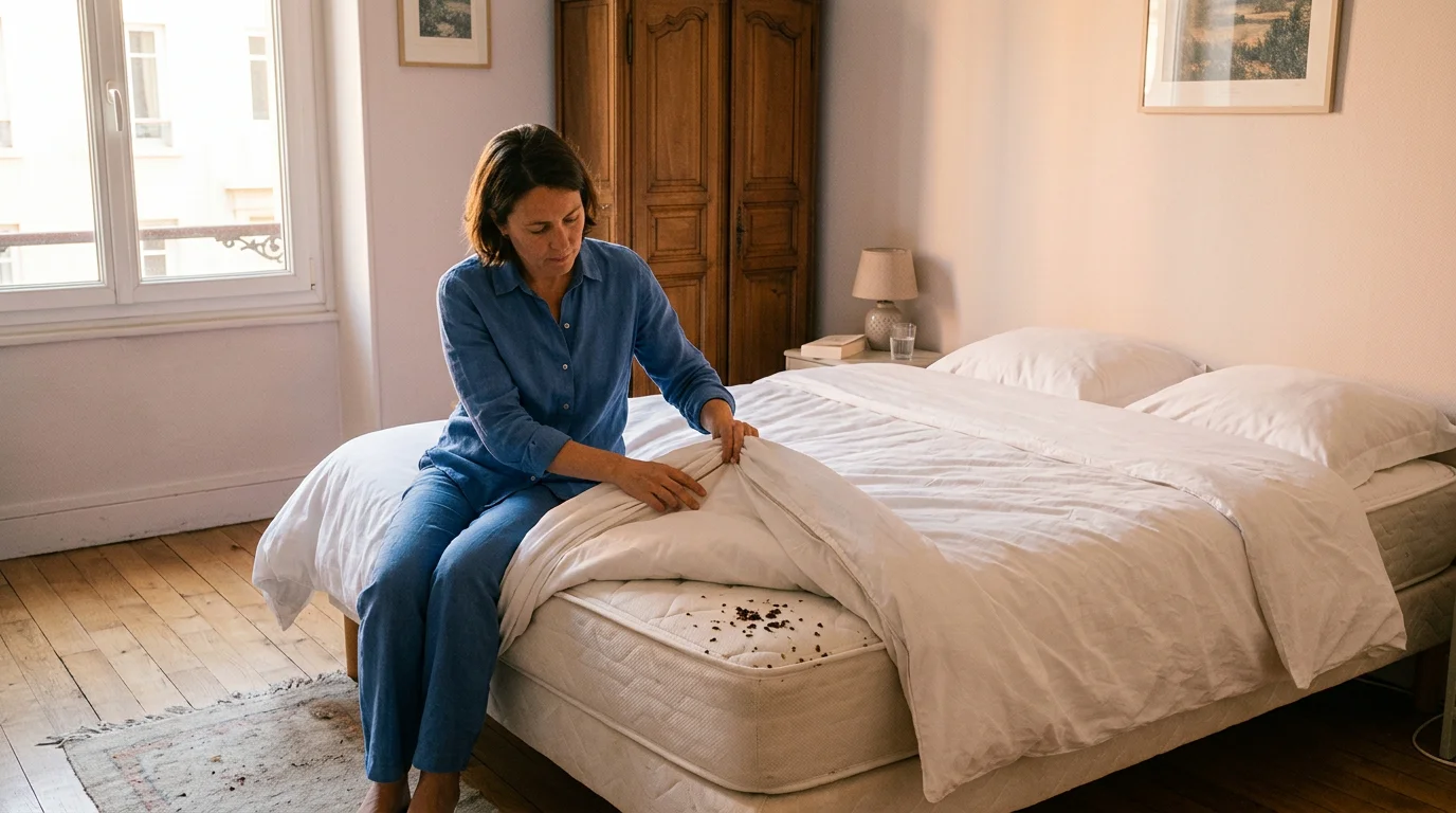 Main soulevant un drap blanc pour révéler des traces sombres sur la couture d'un matelas