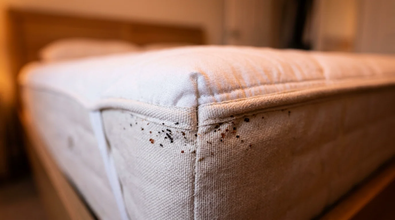 Petites taches noires et marques de sang sur un drap et la couture d'un matelas