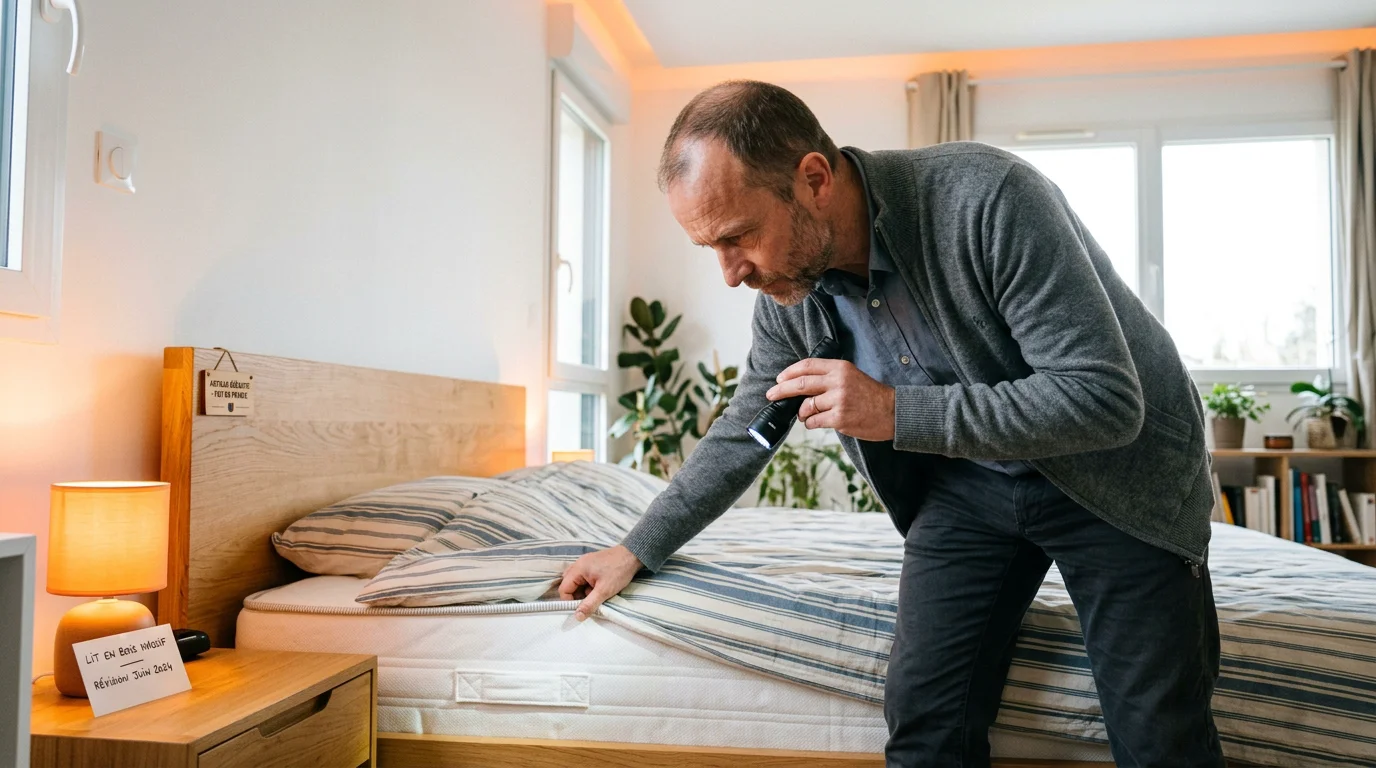 Personne inspectant à la lampe torche la couture d'un matelas et une tête de lit