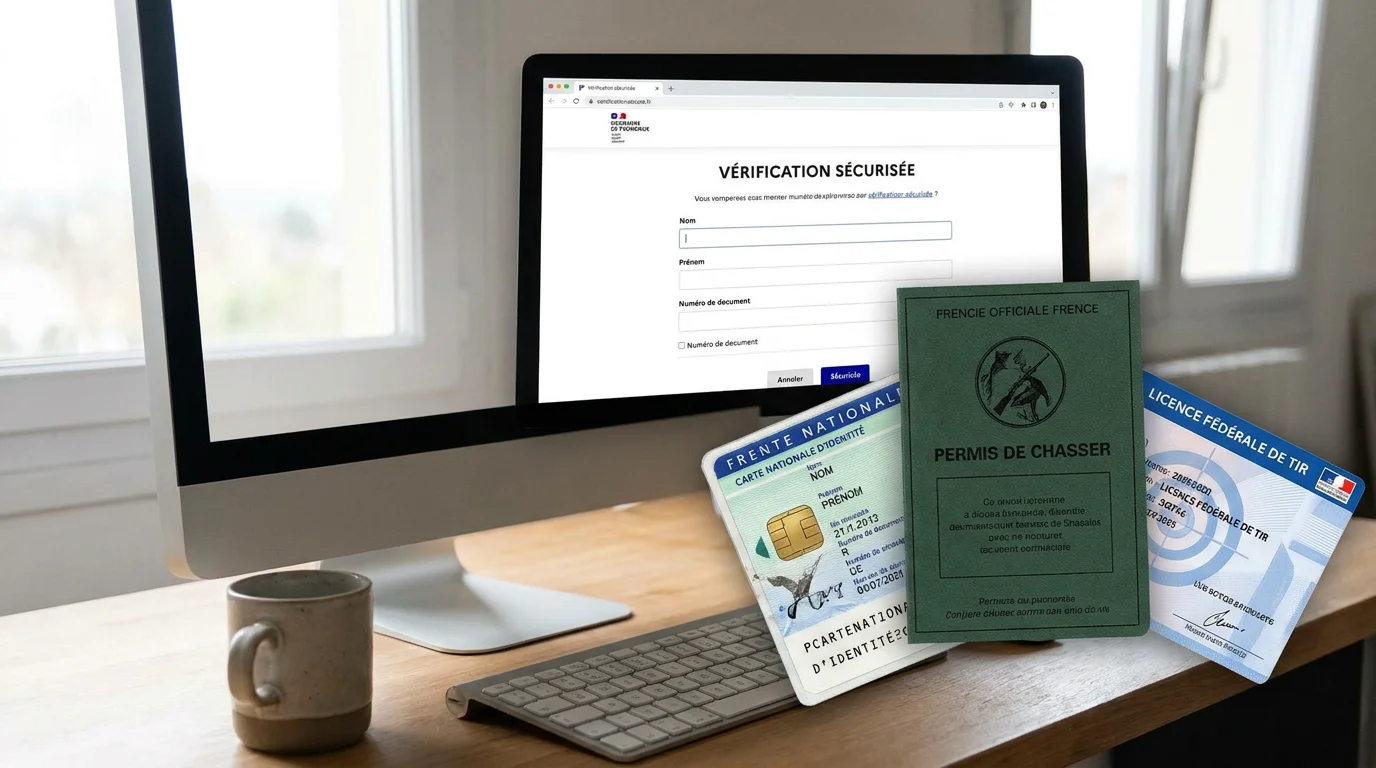 Documents officiels nécessaires pour l'achat d'armes en ligne en France posés sur un bureau