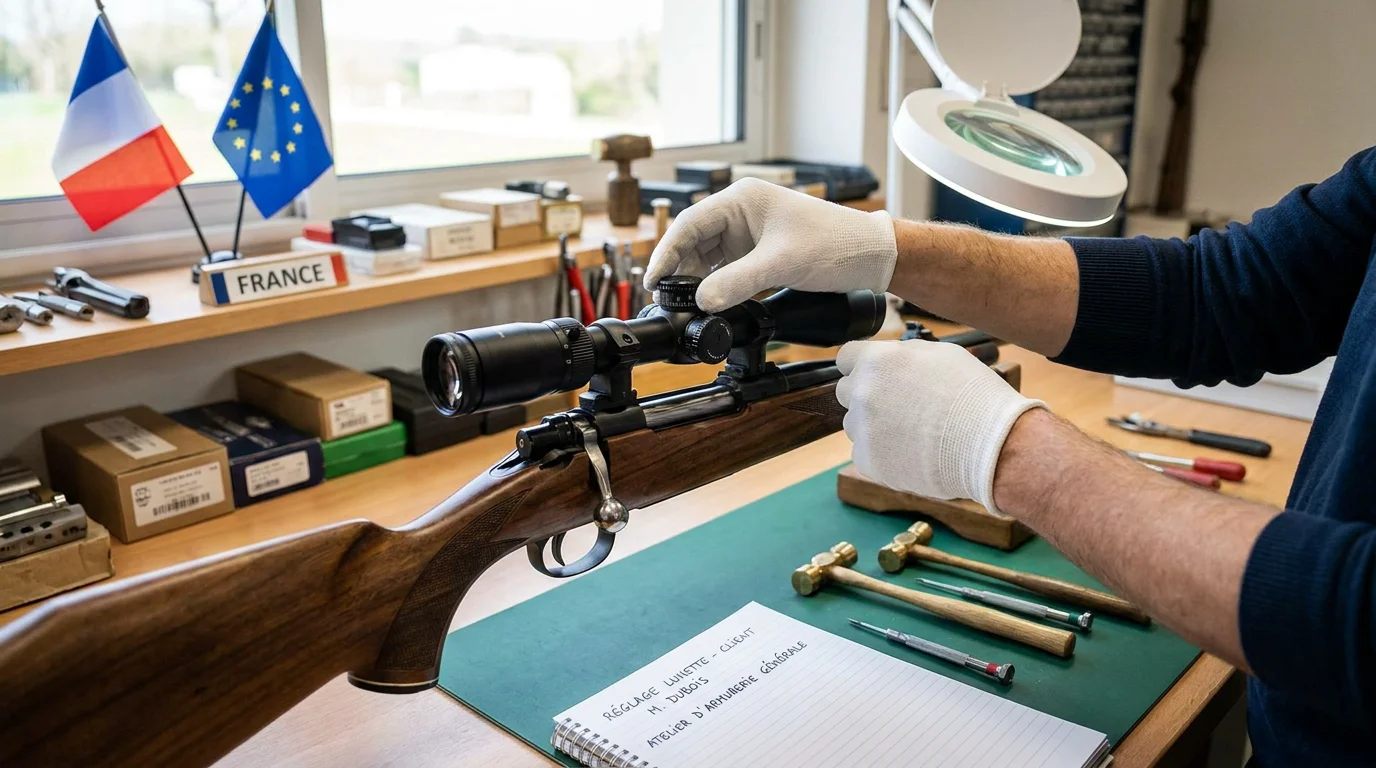 Armurier ajustant une optique sur une arme dans un atelier professionnel en France