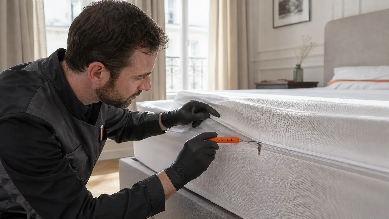 Inspection des coutures et de la fermeture d’une housse anti-punaises de lit