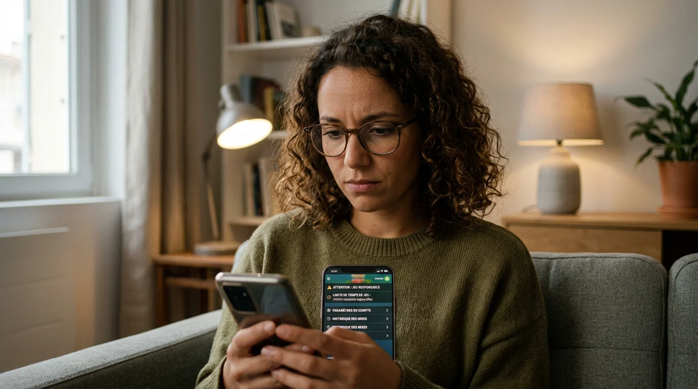 Personne vérifiant avec prudence un site de jeu en ligne sur son téléphone
