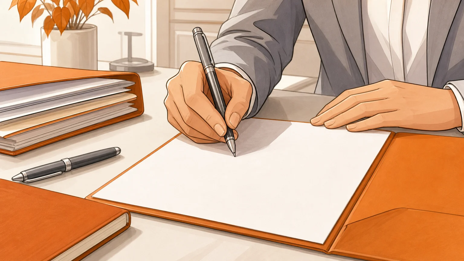 Gros plan sur des mains anonymes signant un document dans un cabinet juridique